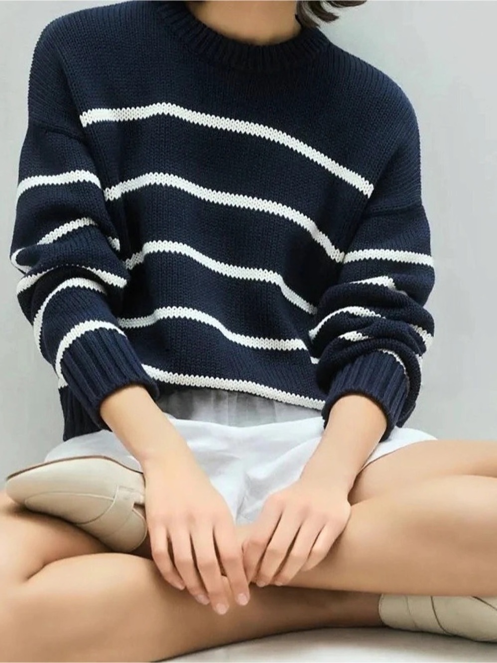 NWOT Quince 100% Organic Cotton Striped Crew Sweater Blue & White XS